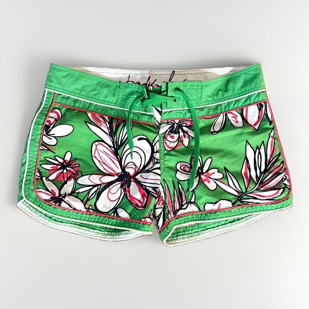 Vintage Y2K Body Glove Women's Size 11 Green Floral Board Shorts Drawstring surf